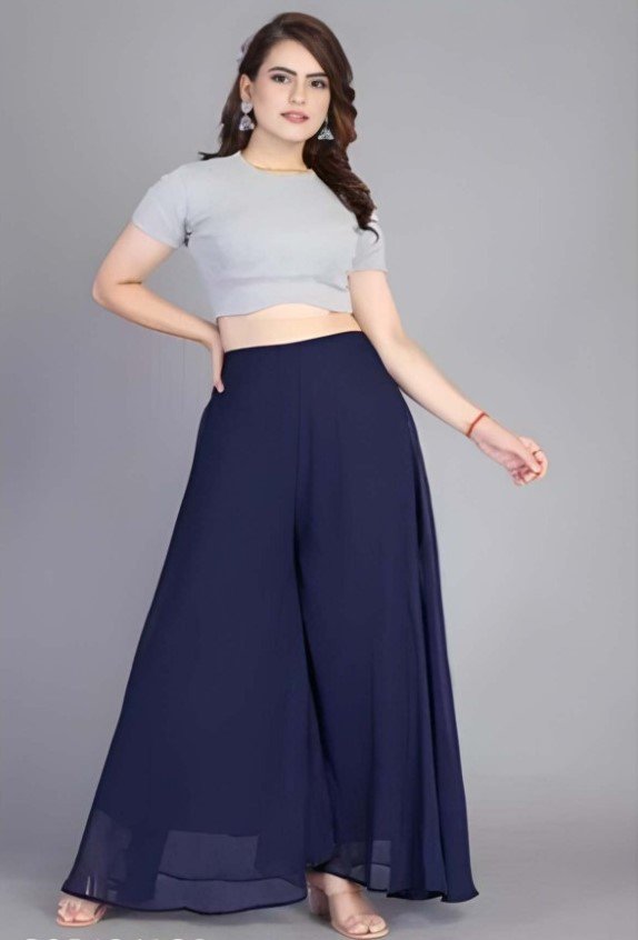 Women's Pack of 2 Georgette Solid High Rise Wide Leg Flared Palazzos with Elastic Waist (Navy Blue) - Image 3
