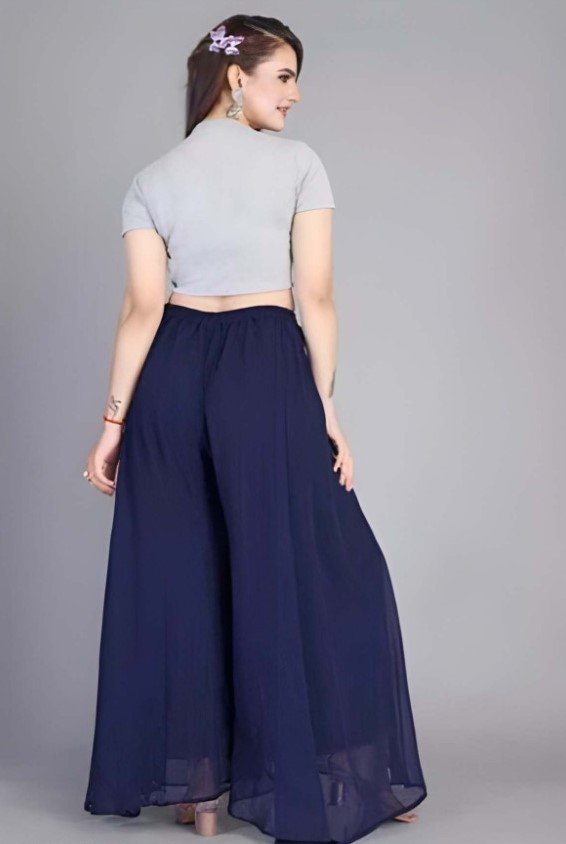 Women's Pack of 2 Georgette Solid High Rise Wide Leg Flared Palazzos with Elastic Waist (Navy Blue) - Image 4