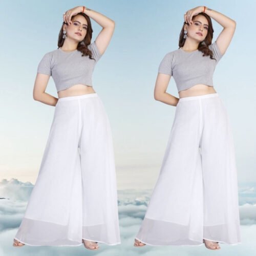 Women's Pack of 2 Georgette Solid High Rise Wide Leg Flared Palazzos with Elastic Waist (White)