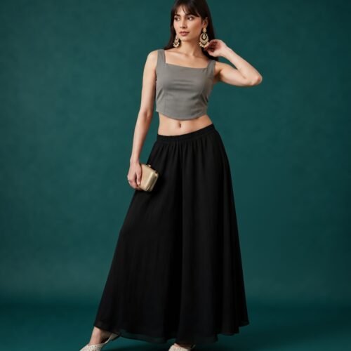 Women's Georgette Solid Mid-Rise Wide Leg Flared Palazzo with Elastic Waist (Black)