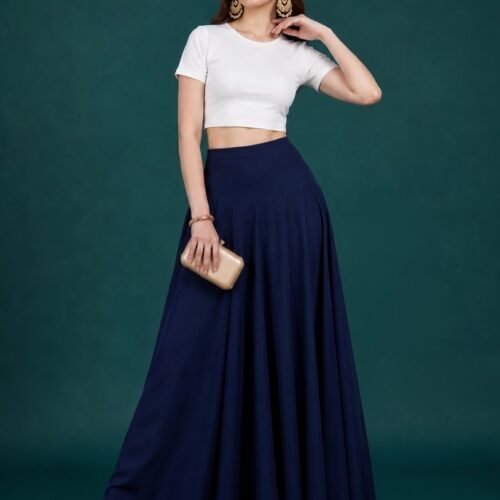Women's Georgette Solid Mid-Rise Wide Leg Flared Palazzo with Elastic Waist (Navy Blue)