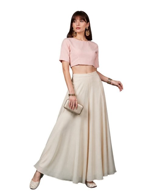 Women's Georgette Solid Mid-Rise Wide Leg Flared Palazzo with Elastic Waist (Cream) - Image 2