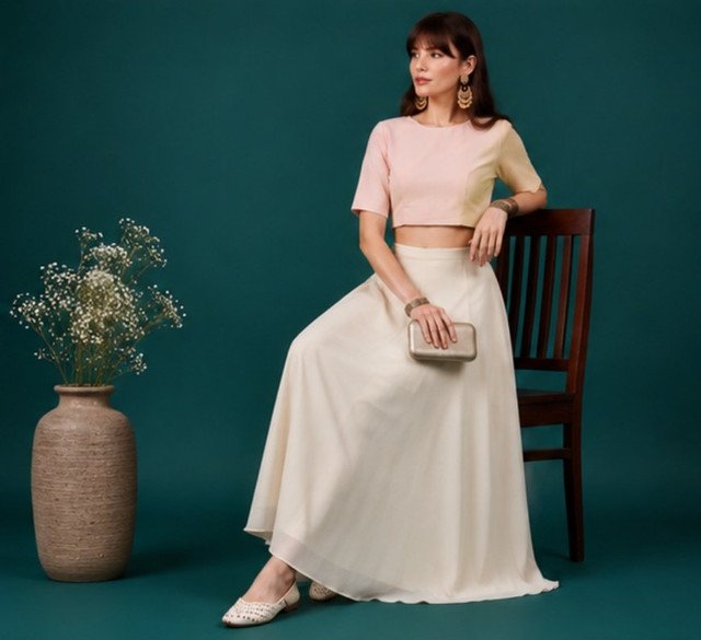 Women's Georgette Solid Mid-Rise Wide Leg Flared Palazzo with Elastic Waist (Cream) - Image 4