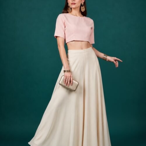 Women's Georgette Solid Mid-Rise Wide Leg Flared Palazzo with Elastic Waist (Cream)