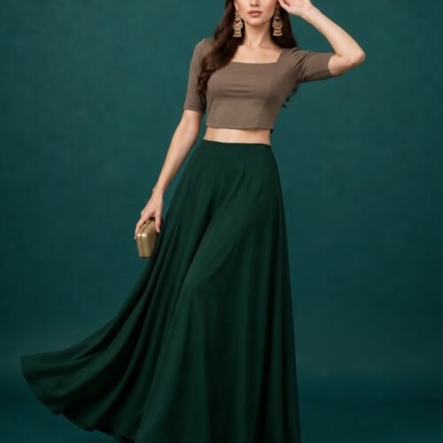 Women's Georgette Solid Mid-Rise Wide Leg Flared Palazzo with Elastic Waist (Bottle Green)