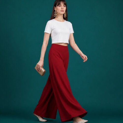 Women's Georgette Solid Mid-Rise Wide Leg Flared Palazzo with Elastic Waist (Maroon)