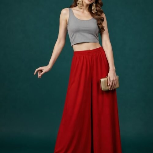 Women's Georgette Solid Mid-Rise Wide Leg Flared Palazzo with Elastic Waist (Red)