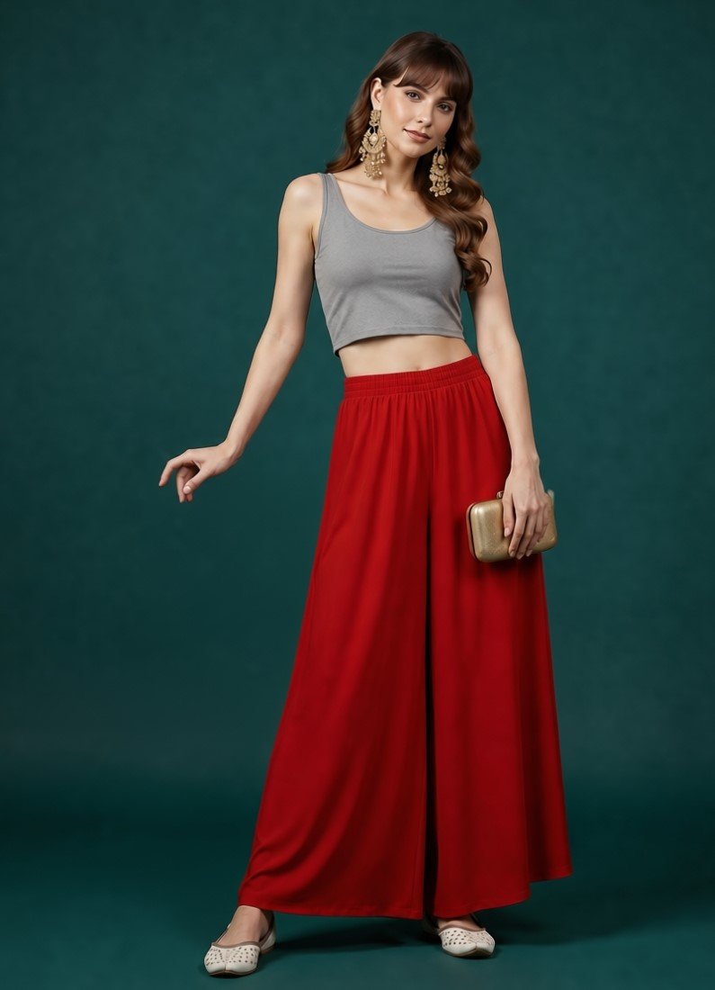 Women's Georgette Solid Mid-Rise Wide Leg Flared Palazzo with Elastic Waist (Red)