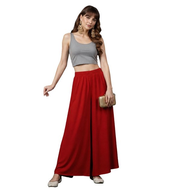Women's Georgette Solid Mid-Rise Wide Leg Flared Palazzo with Elastic Waist (Red) - Image 2