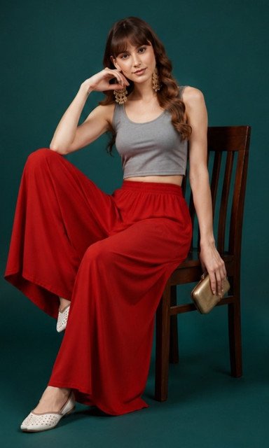 Women's Georgette Solid Mid-Rise Wide Leg Flared Palazzo with Elastic Waist (Red) - Image 3
