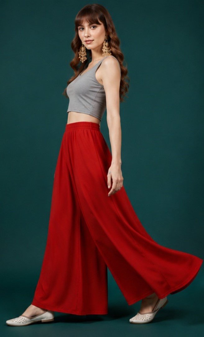 Women's Georgette Solid Mid-Rise Wide Leg Flared Palazzo with Elastic Waist (Red) - Image 4