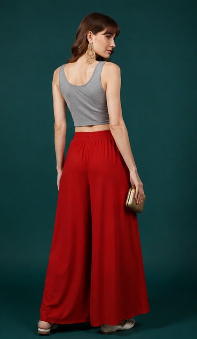 Women's Georgette Solid Mid-Rise Wide Leg Flared Palazzo with Elastic Waist (Red) - Image 5