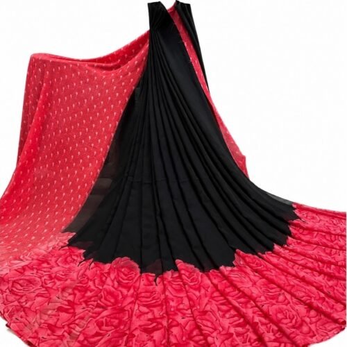 Women's Georgette Printed Saree With Unstitched Blouse 5.5Mtr (Black-Dark Pink)