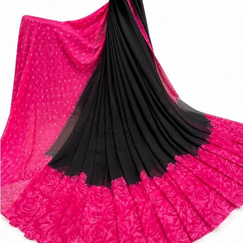Women's Georgette Printed Saree With Unstitched Blouse 5.5Mtr (Black-Pink)