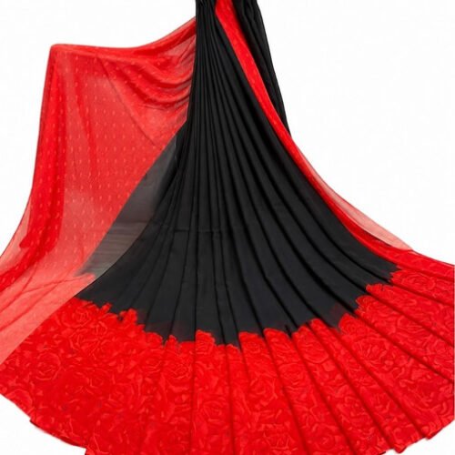 Women's Georgette Printed Saree With Unstitched Blouse 5.5Mtr (Black-Red)