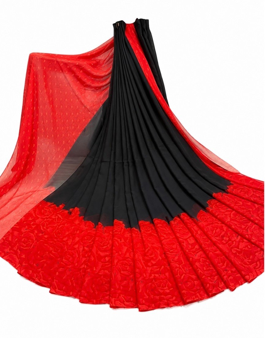 Women's Georgette Printed Saree With Unstitched Blouse 5.5Mtr (Black-Red) - Image 2
