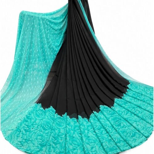 Women's Georgette Printed Saree With Unstitched Blouse 5.5Mtr (Black-Turquoise)