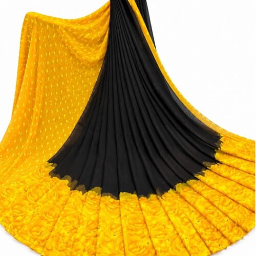 Women's Georgette Printed Saree With Unstitched Blouse 5.5Mtr (Black-Yellow)
