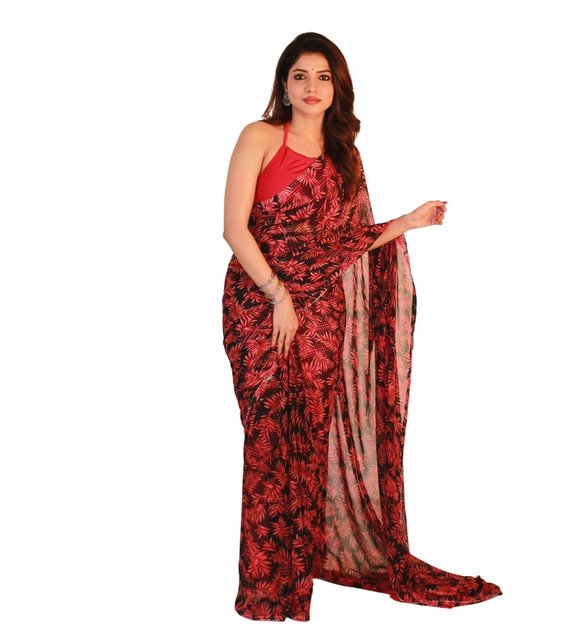 Women's Georgette Printed Saree With Unstitched Blouse 5.5Mtr (Black-Red) - Image 2
