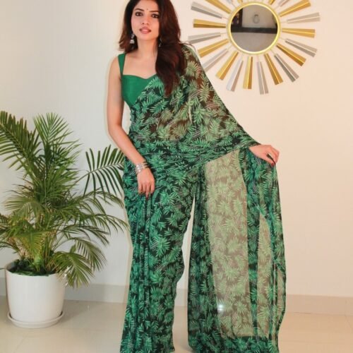 Women's Georgette Printed Saree With Unstitched Blouse 5.5Mtr (Black-Green)