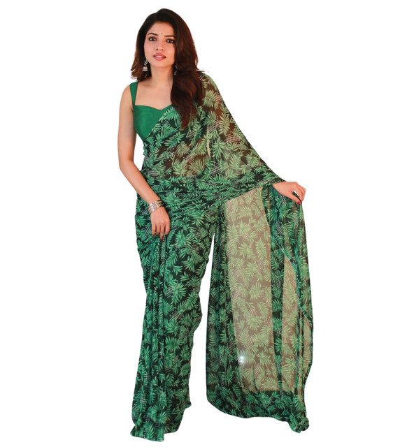 Women's Georgette Printed Saree With Unstitched Blouse 5.5Mtr (Black-Green) - Image 2