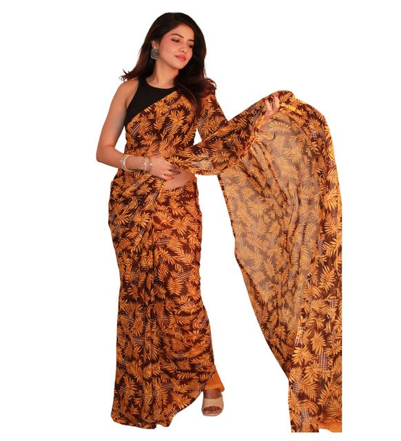 Women's Georgette Printed Saree With Unstitched Blouse 5.5Mtr (Black-Yellow) - Image 2