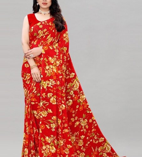 Women's Georgette Floral Printed Saree With Unstitched Blouse 5.5Mtr (Red)