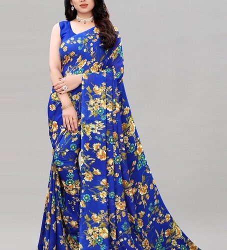 Women's Georgette Floral Printed Saree With Unstitched Blouse 5.5Mtr (Royal Blue)