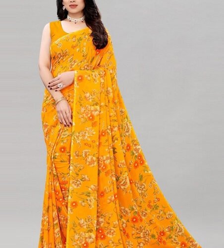 Women's Georgette Floral Printed Saree With Unstitched Blouse 5.5Mtr (Yellow)