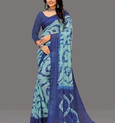 Women's Georgette Striped Printed Saree With Unstitched Blouse 5.5Mtr (Blue)