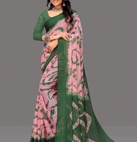 Women's Georgette Striped Printed Saree With Unstitched Blouse 5.5Mtr (Pink-Green)