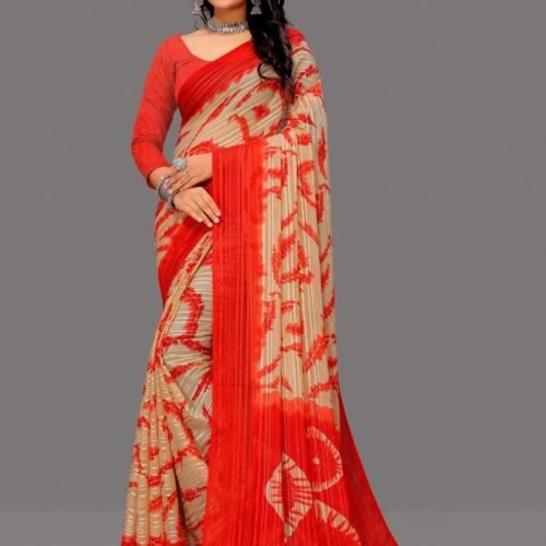 Women's Georgette Striped Printed Saree With Unstitched Blouse 5.5Mtr (Red-Beige)