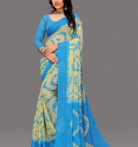 Women's Georgette Striped Printed Saree With Unstitched Blouse 5.5Mtr (Blue-Pale Yellow)