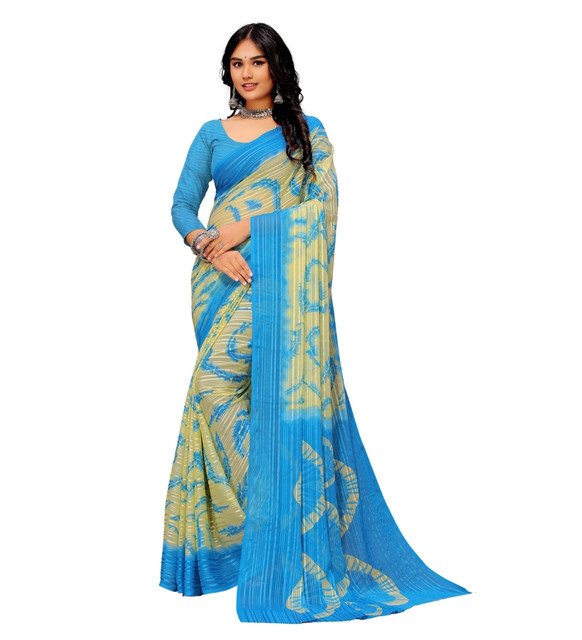 Women's Georgette Striped Printed Saree With Unstitched Blouse 5.5Mtr (Blue-Pale Yellow) - Image 2