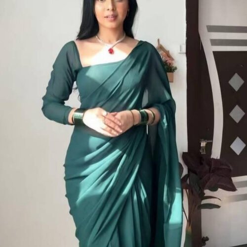 Women's Georgette Solid Saree With Unstitched Blouse 5.5Mtr (Dark Green)