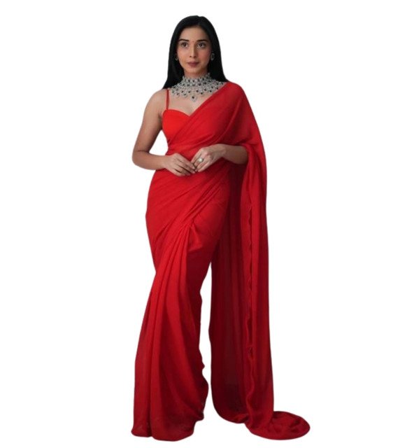 Women's Georgette Solid Saree With Unstitched Blouse 5.5Mtr (Red) - Image 2