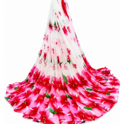 Women's Georgette Floral Printed Saree With Unstitched Blouse 5.5Mtr (White-Pink)