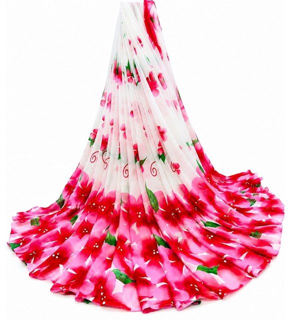 Women's Georgette Floral Printed Saree With Unstitched Blouse 5.5Mtr (White-Pink) - Image 2