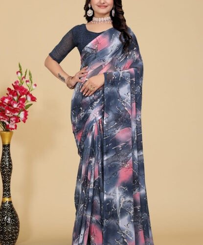 Women's Georgette Printed Saree With Unstitched Blouse 5.5Mtr (Grey-Pink)