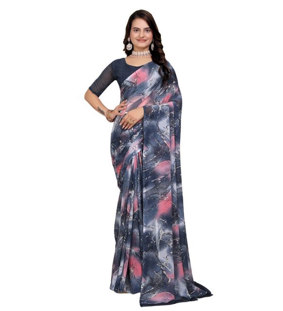 Women's Georgette Printed Saree With Unstitched Blouse 5.5Mtr (Grey-Pink) - Image 2