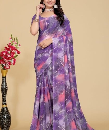 Women's Georgette Printed Saree With Unstitched Blouse 5.5Mtr (Purple-Pink)