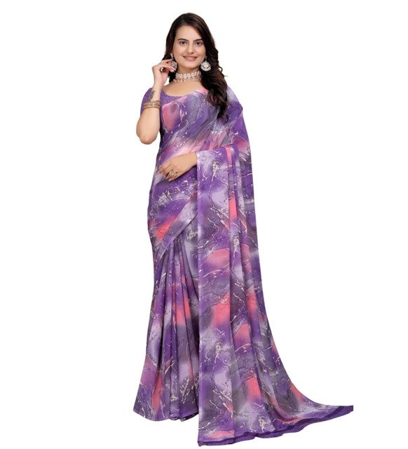 Women's Georgette Printed Saree With Unstitched Blouse 5.5Mtr (Purple-Pink) - Image 2