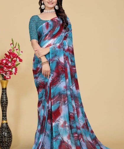 Women's Georgette Printed Saree With Unstitched Blouse 5.5Mtr (Blue-Maroon)