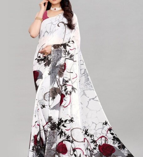 Women's Georgette Printed Saree With Unstitched Blouse 5.5Mtr (White)