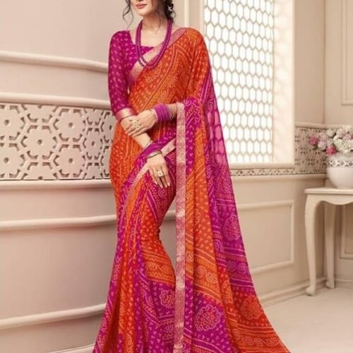 Women's Georgette Bandhani Printed Saree With Unstitched Blouse 5.5Mtr (Orange-Magenta)
