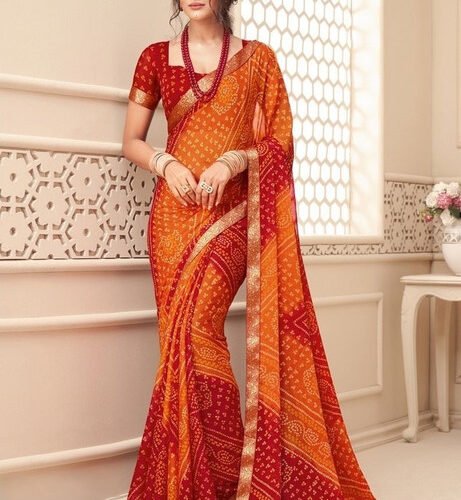 Women's Georgette Bandhani Printed Saree With Unstitched Blouse 5.5Mtr (Orange-Red)