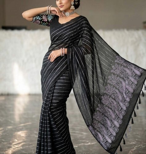 Women's Georgette Striped Saree With Unstitched Blouse 5.5Mtr (Black)