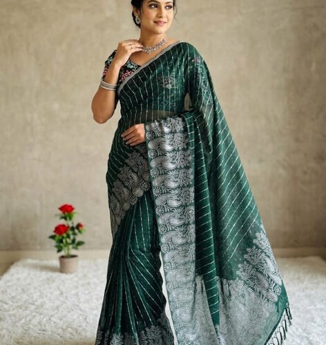 Women's Georgette Striped Saree With Unstitched Blouse 5.5Mtr (Dark Green)