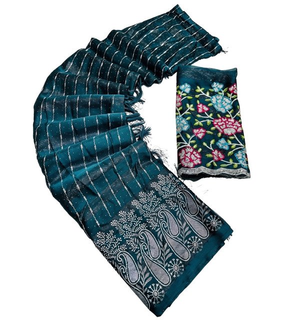 Women's Georgette Striped Saree With Unstitched Blouse 5.5Mtr (Teal) - Image 2