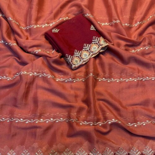 Women's Georgette Embroidered Saree With Unstitched Blouse 5.5Mtr (Rust Orange)